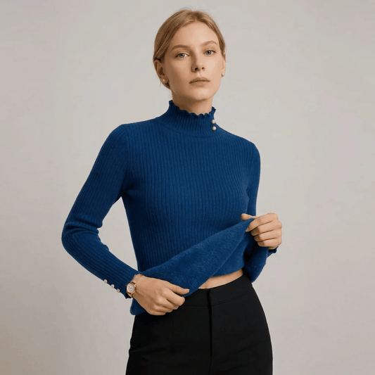 Suéter Feminino Cashmere Canelado com Botões Perolados
