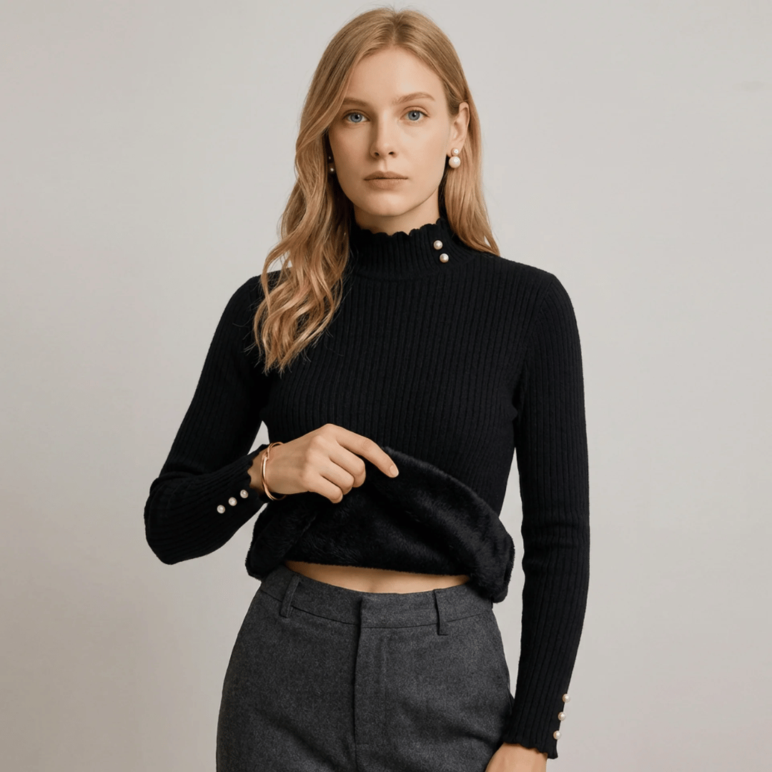 Suéter Feminino Cashmere Canelado com Botões Perolados