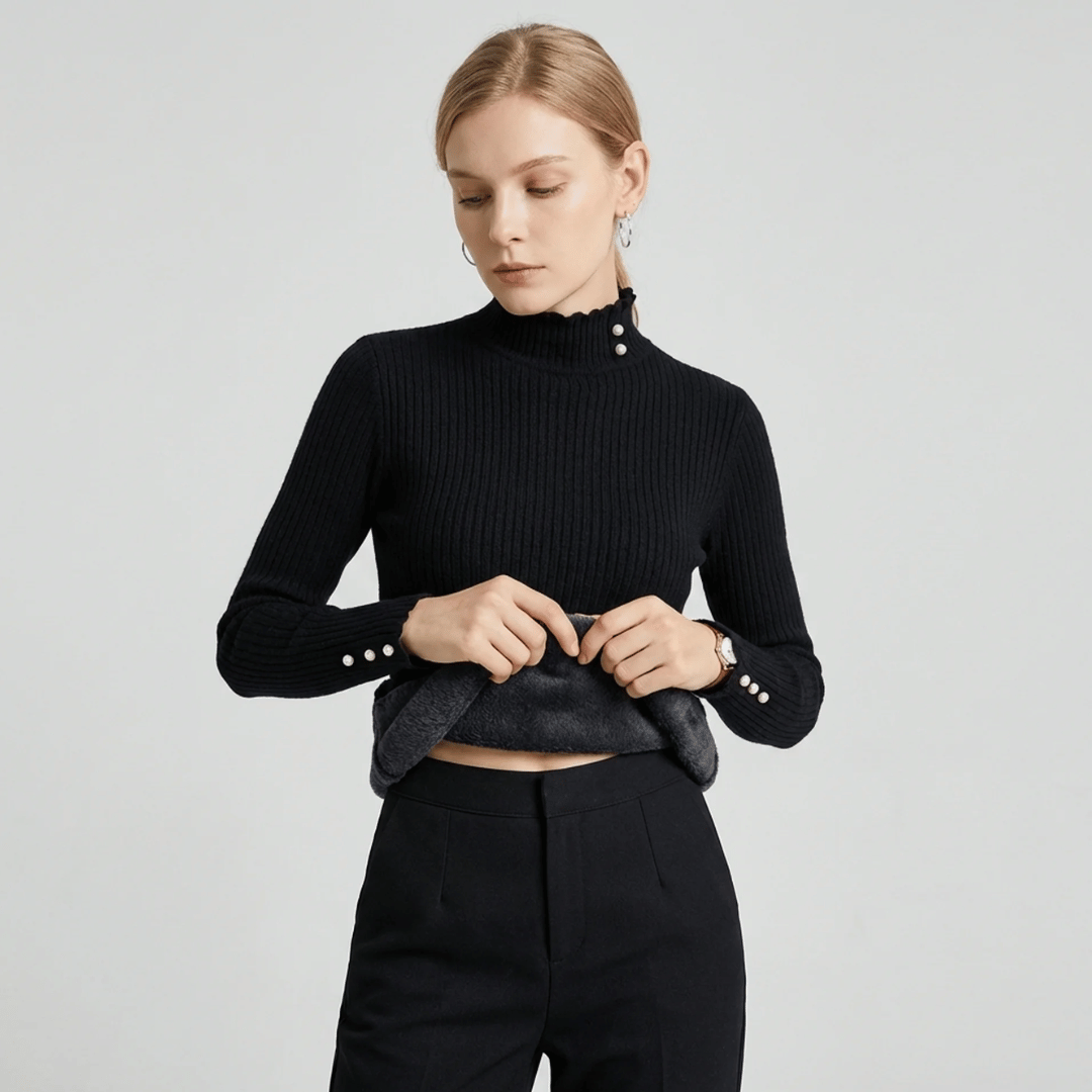 Suéter Feminino Cashmere Canelado com Botões Perolados