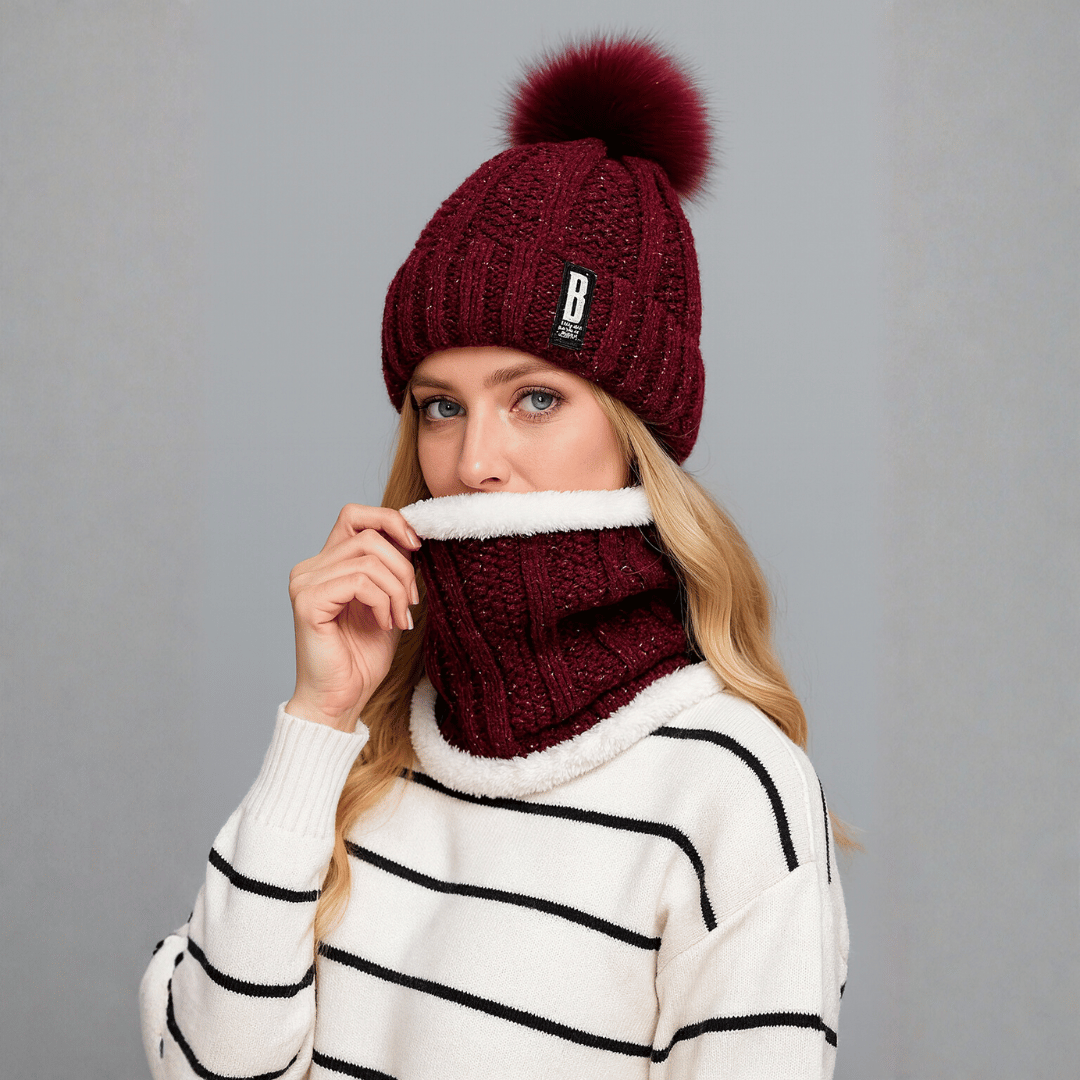 Conjunto Feminino Gola e Touca de Tricô Forrada com Pelúcia